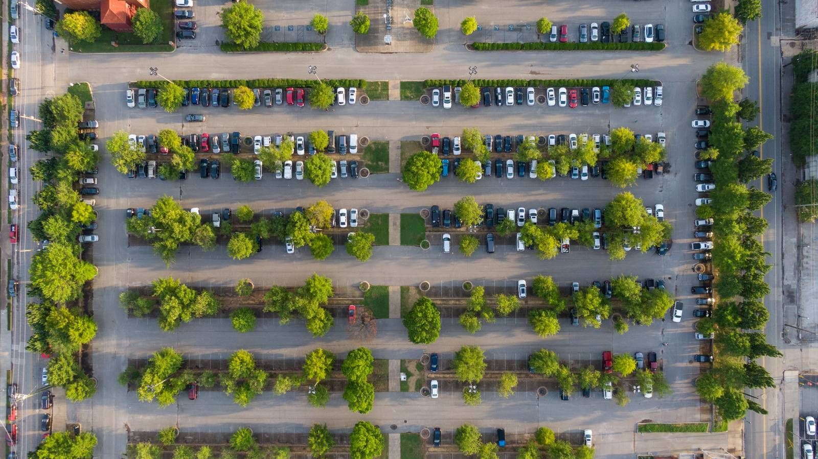 Vol parkeerterrein met bomenrijen, van bovenaf gezien