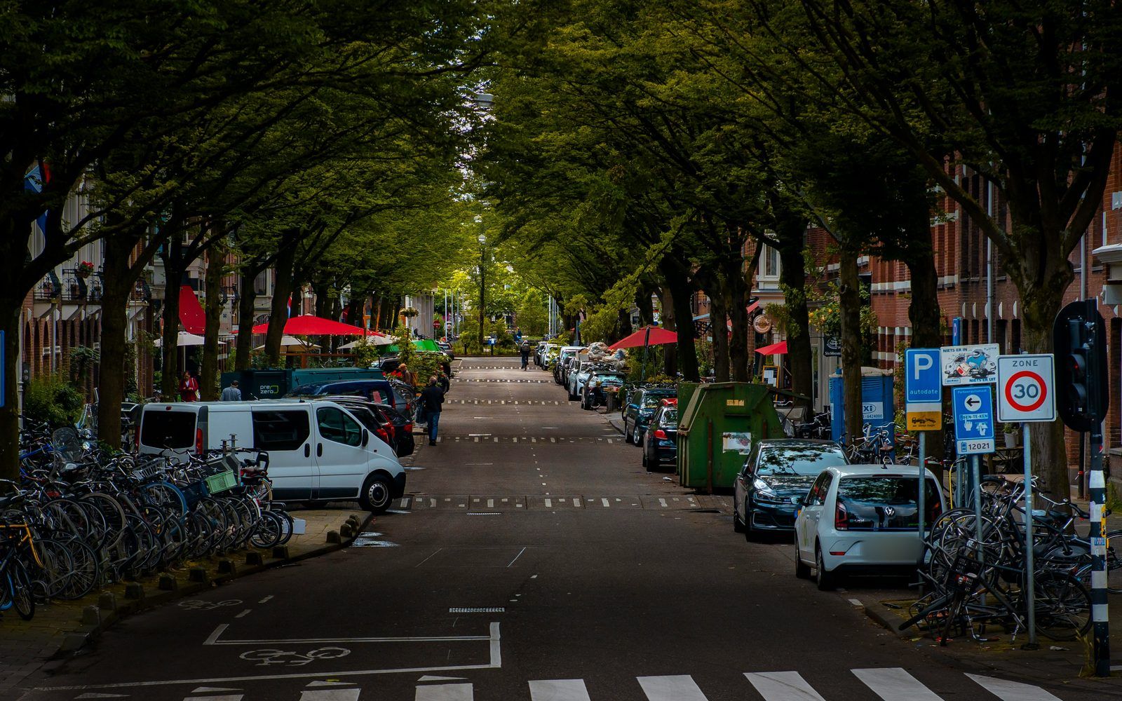 Straat onder bomen met geparkeerde auto's, fietsen en een parkeerbord